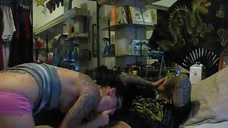 Gangster boyfriend stripping tattooed girlfriend while watching sex