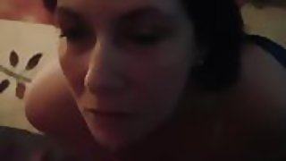 Pretty milf with tits out takes a messy facial and cum in her mouth