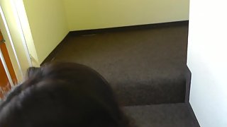 Super hot brunette getting cum all over her tits after being ass-fucked on the stairs