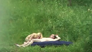 Super-cute blonde giving her balding lover oral and total fucky-fucky outdoors