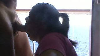Plump wifey on cruise ship deep throating off a suspended passenger